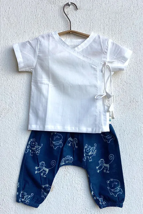 Whitewater Kids Unisex Organic White Angrakha Top With Zoo Print Indigo Pants