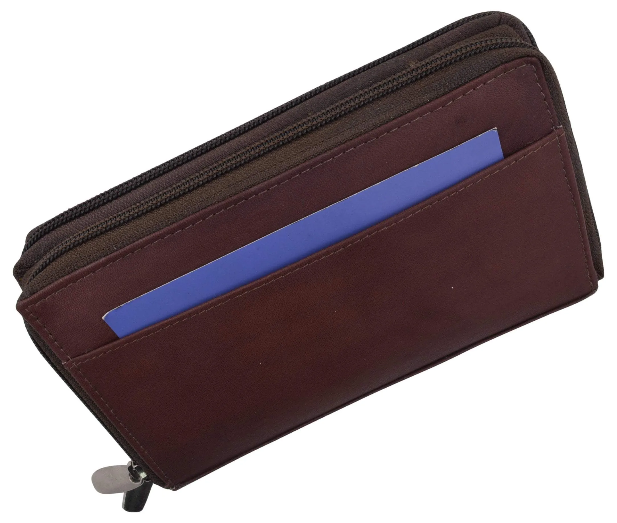 Womens Zip Around Genuine Leather Checkbook Credit Card ID Holder Wallet Brown