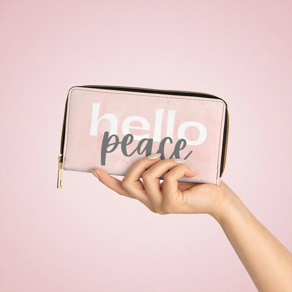 Wristlet Phone Wallet, Pearly Pink and White Hello Peace Graphic Purse