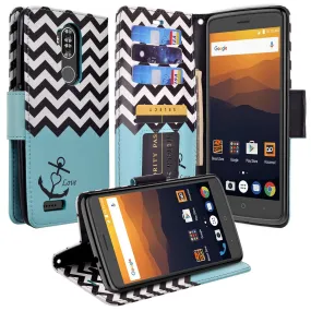 ZTE Max XL, ZTE Blade Max 3, ZTE Max Blue Case, Wrist Strap Pu Leather Magnetic Fold [Kickstand] Wallet Cover Wristlet - Teal Anchor