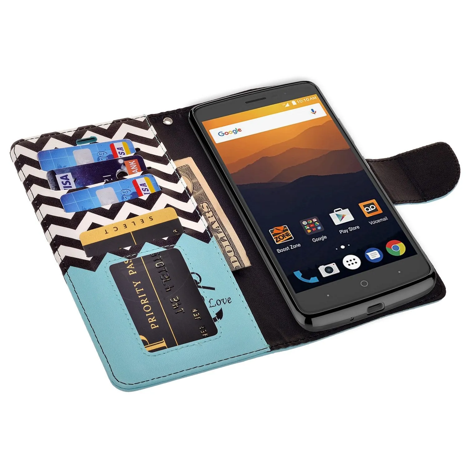 ZTE Max XL, ZTE Blade Max 3, ZTE Max Blue Case, Wrist Strap Pu Leather Magnetic Fold [Kickstand] Wallet Cover Wristlet - Teal Anchor