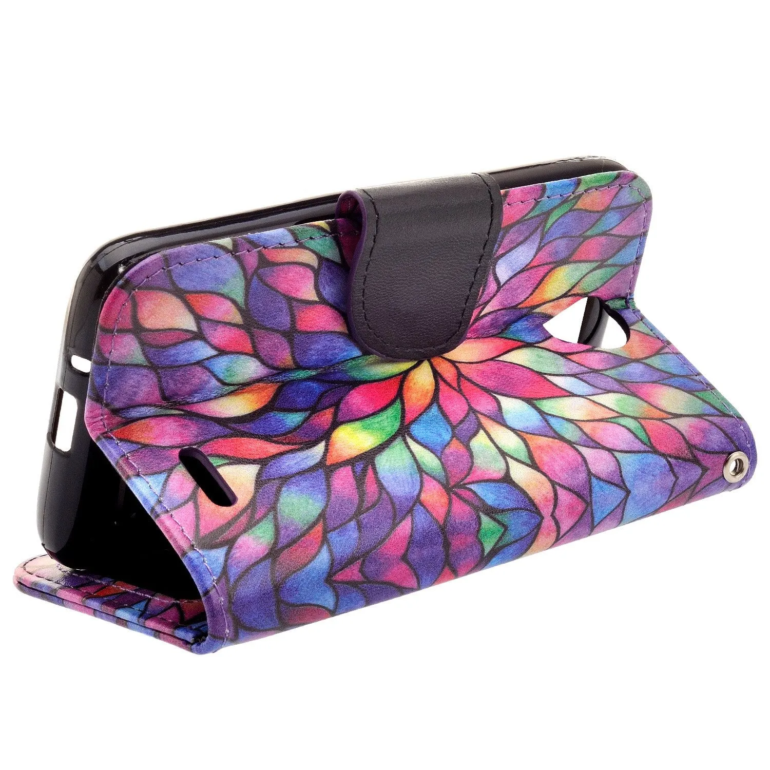 ZTE Prestige 2, Overture 3, Maven 3, Prelude Plus, ZTE 9136, Midnight Pro, Pu Leather Magnetic Flip Fold[Kickstand] Wrist Strap Wallet Case with Card Slots - Rainbow Flower