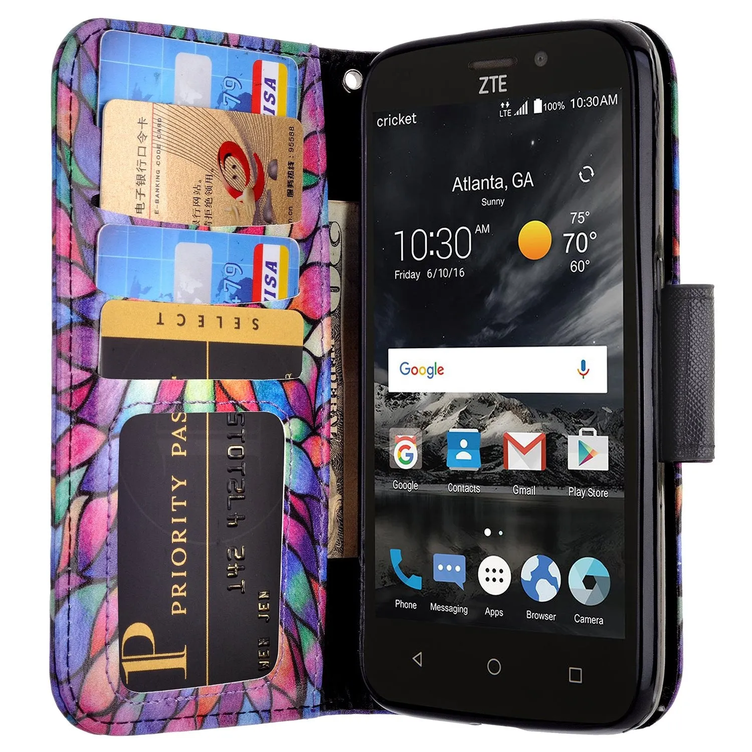 ZTE Prestige 2, Overture 3, Maven 3, Prelude Plus, ZTE 9136, Midnight Pro, Pu Leather Magnetic Flip Fold[Kickstand] Wrist Strap Wallet Case with Card Slots - Rainbow Flower