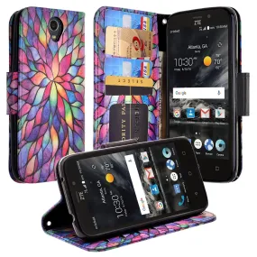 ZTE Prestige 2, Overture 3, Maven 3, Prelude Plus, ZTE 9136, Midnight Pro, Pu Leather Magnetic Flip Fold[Kickstand] Wrist Strap Wallet Case with Card Slots - Rainbow Flower