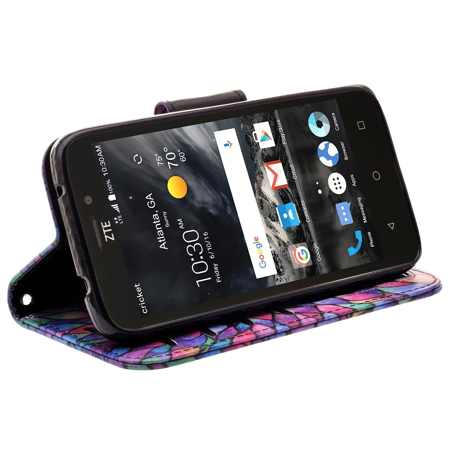 ZTE Prestige 2, Overture 3, Maven 3, Prelude Plus, ZTE 9136, Midnight Pro, Pu Leather Magnetic Flip Fold[Kickstand] Wrist Strap Wallet Case with Card Slots - Rainbow Flower